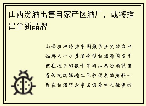 山西汾酒出售自家产区酒厂，或将推出全新品牌