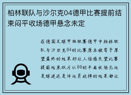 柏林联队与沙尔克04德甲比赛提前结束闷平收场德甲悬念未定