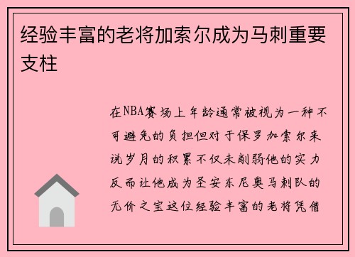 经验丰富的老将加索尔成为马刺重要支柱